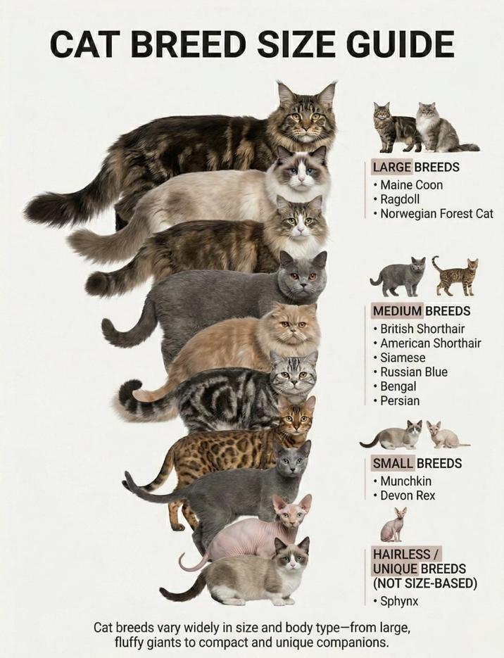 CAT BREED SIZE GUIDE LARGE BREEDS Maine C • Ragdoll Norwegian Forest Cat MEDIUM BREEDS • British Shorthair American Shorthair • Siamese Russian Blue ⚫ Bengal Persian SMALL BREEDS Munchkin ⚫ Devon Rex HAIRLESS / UNIQUE BREEDS (NOT SIZE-BASED) • Sphynx Cat breeds vary widely in size and body type-from large, fluffy giants to compact and unique companions.
