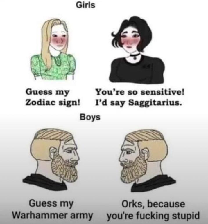 Girls Guess my Zodiac sign! You're so sensitive! I'd say Saggitarius. Boys Guess my Orks, because Warhammer army you're f------ stupid