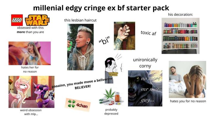 LEGO millenial edgy cringe ex bf starter pack STAR WARS obsessed with this more than you are this lesbian haircut toxic af "bi" his decoration: hates her for no reason weird obsession with mlp... DUNNING KRUGER paaainn, you made meee a beliverrrr BELIEVER! unironically corny no more mr nice 4chan probably depressed guy... hates you for no reason