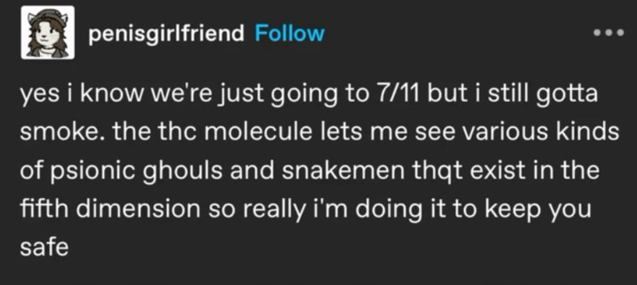 penisgirlfriend Follow yes i know we're just going to 7/11 but i still gotta smoke. the thc molecule lets me see various kinds of psionic ghouls and snakemen that exist in the fifth dimension so really i'm doing it to keep you safe