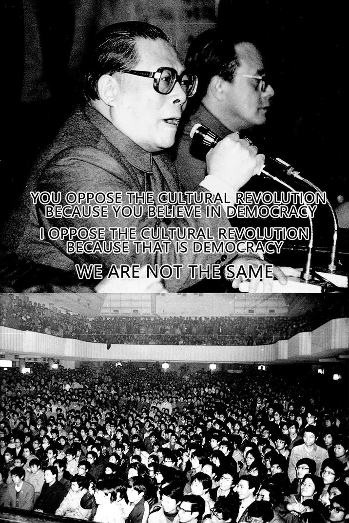 YOU OPPOSE THE CULTURAL REVOLUTION BECAUSE YOU BELIEVE IN DEMOCRACY I OPPOSE THE CULTURAL REVOLUTION BECAUSE THAT IS DEMOCRACY WE ARE NOT THE SAME n