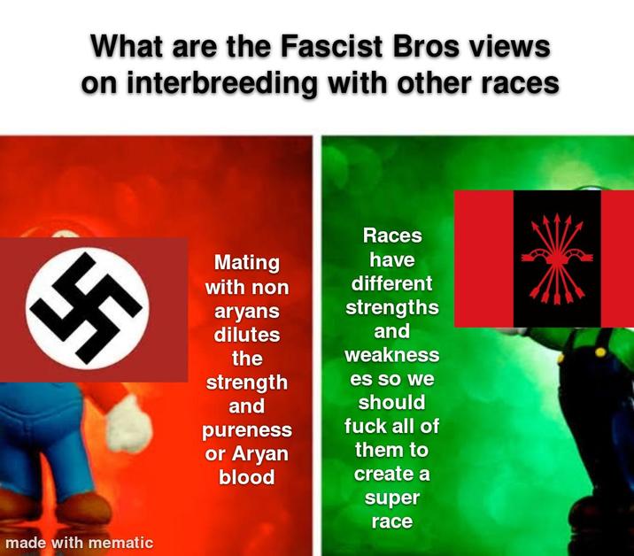 What are the Fascist Bros views on interbreeding with other races made with mematic Races Mating have different with non aryans dilutes the strength and pureness or A---- blood strengths and weakness es so we should f--- all of them to create a super race