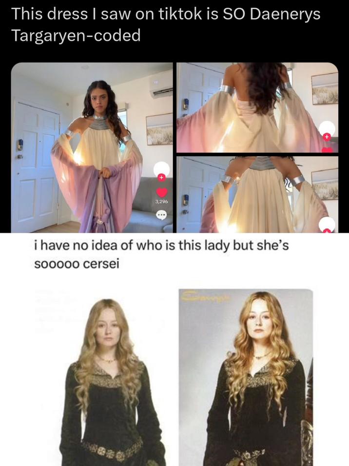 This dress I saw on tiktok is SO Daenerys Targaryen-coded 3,296 i have no idea of who is this lady but she's sooooo cersei