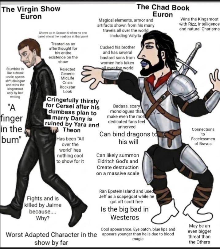 The Virgin Show Euron Stumbles in like a drunk uncle, spews sh*t dialogue and wins the kingsmoot only by bad writing "A finger in the bum" Shows up in Season 6 when no one cared about the Ironborn at that point Treated as an afterthought for his entire existence on the show Rejected Generic MidLife Crisis Rockstar Look The Chad Book Euron Magical elements, armor and artifacts shown from his many travels all over the world Including Valyria Cringefully thirsty for Cersei after his dumbass plan to marry Dany is ruined by Yara and Theon Has been "All over the world" has nothing cool to show for it Cucked his brother and has several bastard sons from women he's taken all over the world Badass, scary monologues that make even the mos dedicated fans feel unnerved Can bind dragons to his will Can likely summon Eldritch God's and Create destruction on a massive scale Wins the Kingsmoot with Rizz, Intelligence and natural Charisma Connections to Facelessmen of Bravos Fights and is killed by Jaime because.... Ran Epstein Island and used Jeff as a scapegoat while he got off scott free Is the big bad in Why? Westeros Cool appearance. Eye patch, blue lips and Worst Adapted Character in the appears younger than he is due to blood May be an even bigger threat than magic show by far the Others