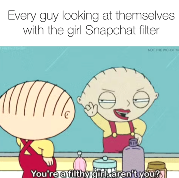 Every guy looking at themselves with the girl Snapchat filter NOT THE WORST M You're a filthy girl, aren't you?