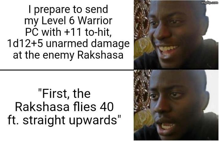 I prepare to send my Level 6 Warrior PC with +11 to-hit, 1d12+5 unarmed damage at the enemy Rakshasa "First, the Rakshasa flies 40 ft. straight upwards" imgflip.com