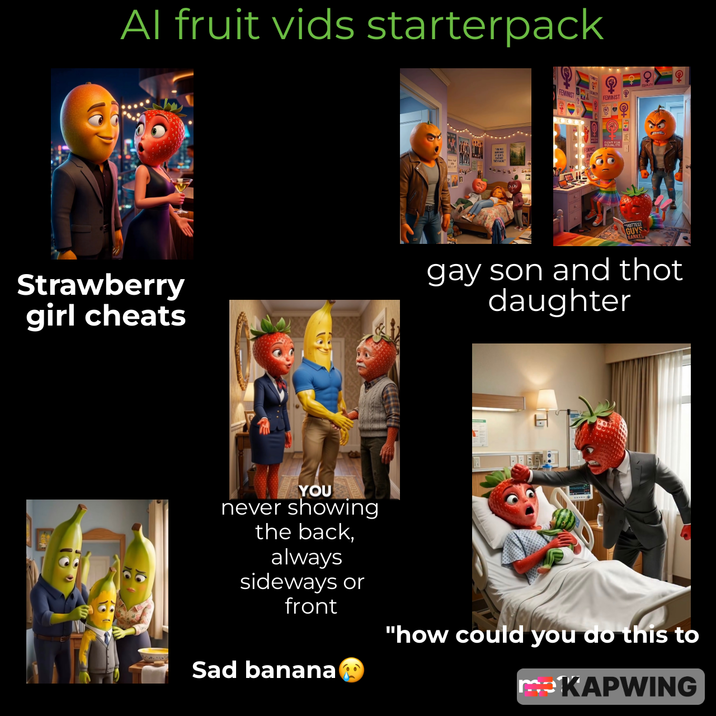 Al fruit vids starterpack FEMINIST FEMINIST HOTTEST GUYS RANKEL Strawberry girl cheats gay son and thot daughter YOU never showing the back, always sideways or front Sad banana "how could you do this to me KAPWING