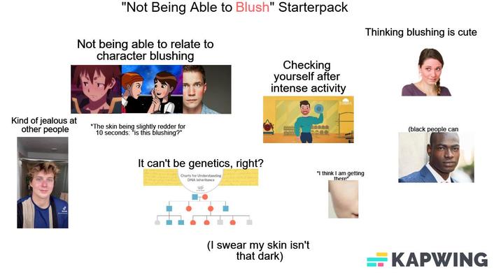 "Not Being Able to Blush" Starterpack Not being able to relate to character blushing Checking yourself after intense activity Thinking blushing is cute Kind of jealous at other people *The skin being slightly redder for 10 seconds: "is this blushing?" d It can't be genetics, right? Charts for Understanding, DNA Inheritance "I think I am getting there" (I swear my skin isn't that dark) (black people can KAPWING