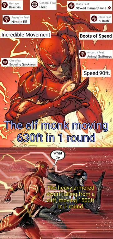 Heritage Beastkin Ancestry Feat Nimble Elf General Feat Fleet Class Feat Stoked Flame Stance Class Feat Ki Rush Incredible Movement Boots of Speed Class Feat Enduring Quickness Ancestry Feat Animal Swiftness Speed 90ft. The elf monk moving 630ft in 1 round What th- The heavy armored dwarf falling from a cliff, moving 1500ft in 1 round