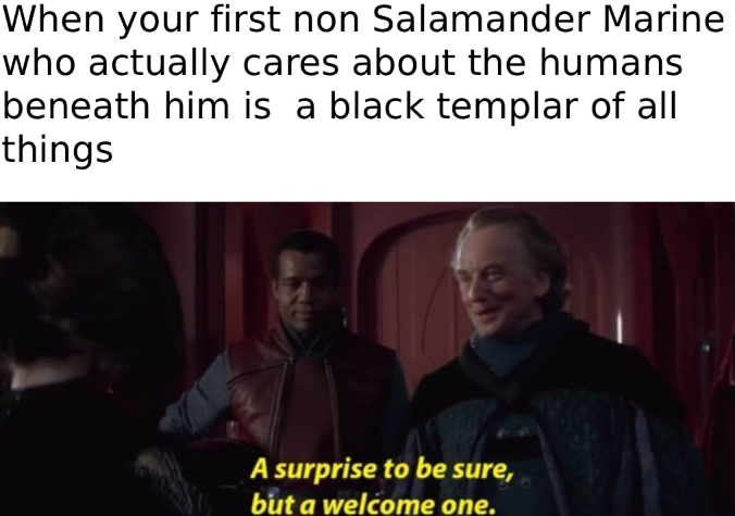 When your first non Salamander Marine who actually cares about the humans beneath him is a black templar of all things A surprise to be sure, but a welcome one.