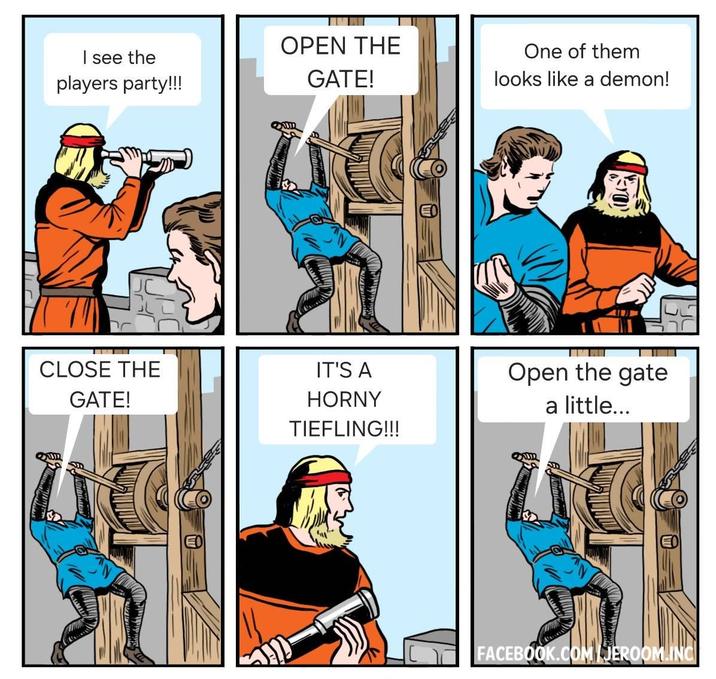 I see the players party!!! CLOSE THE GATE! OPEN THE GATE! One of them looks like a demon! IT'S A HORNY TIEFLING!!! Open the gate a little... FACEBOOK.COM/JEROOM.INC