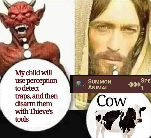 My child will use perception to detect SUMMON ANIMAL traps, and then disarm them Cow SPE with Thieve's tools