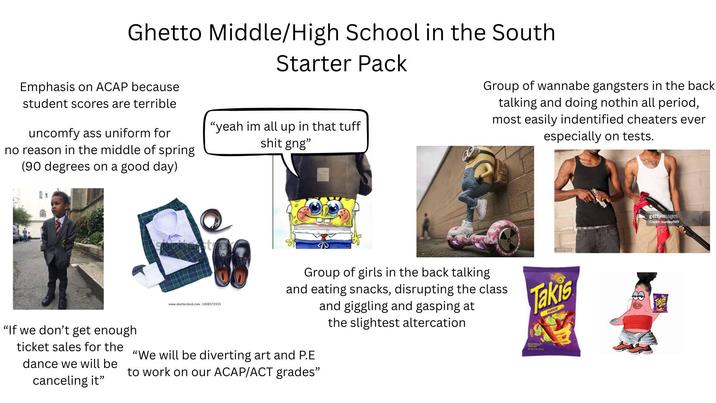 Ghetto Middle/High School in the South Starter Pack Emphasis on ACAP because student scores are terrible uncomfy ass uniform for no reason in the middle of spring (90 degrees on a good day) "yeah im all up in that tuff s--- gng" Group of wannabe gangsters in the back talking and doing nothin all period, most easily indentified cheaters ever especially on tests. "If we don't get enough ticket sales for the dance we will be canceling it" www.shutterstock.com 1408372925 Group of girls in the back talking and eating snacks, disrupting the class "We will be diverting art and P.E to work on our ACAP/ACT grades" and giggling and gasping at the slightest altercation 155371819 Takis 8 gettyimages Credit: manley099