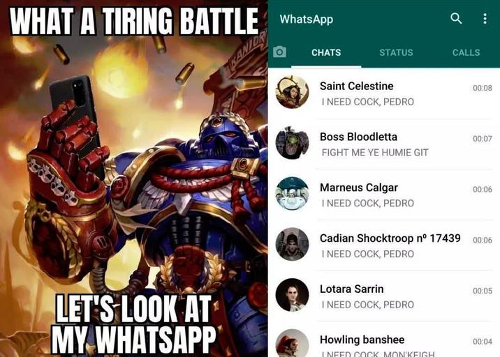 WHAT A TIRING BATTLE WhatsApp SANTOR CHATS LET'S LOOK AT MY WHATSAPP Q : STATUS CALLS Saint Celestine 00:08 I NEED C---, PEDRO Boss Bloodletta 00:07 FIGHT ME YE HUMIE GIT Marneus Calgar 00:06 I NEED C---, PEDRO Cadian Shocktroop n° 17439 00:06 I NEED C---, PEDRO Lotara Sarrin 00:05 I NEED C---, PEDRO Howling banshee 00:04 I NEED C--- MON'KEIGH