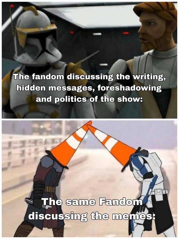 The fandom discussing the writing, hidden messages, foreshadowing and politics of the show: 815 The same Fandom discussing the memes: