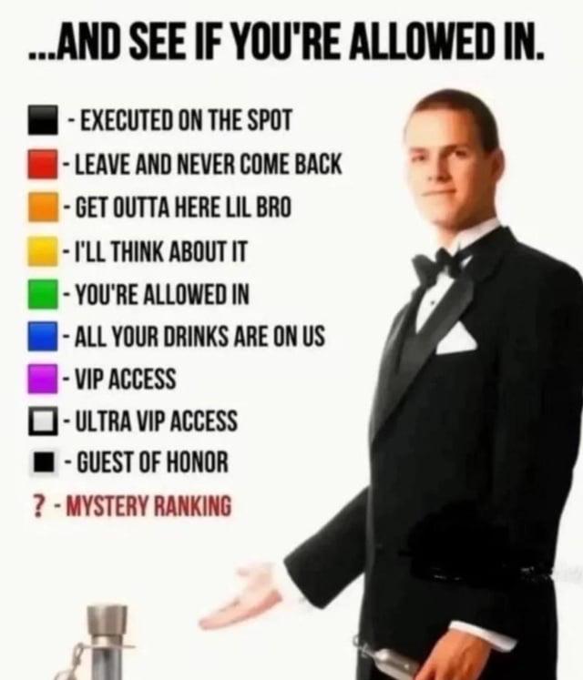 ...AND SEE IF YOU'RE ALLOWED IN. -EXECUTED ON THE SPOT -LEAVE AND NEVER COME BACK -GET OUTTA HERE LIL BRO -I'LL THINK ABOUT IT -YOU'RE ALLOWED IN ALL YOUR DRINKS ARE ON US VIP ACCESS -ULTRA VIP ACCESS ■-GUEST OF HONOR ? - MYSTERY RANKING