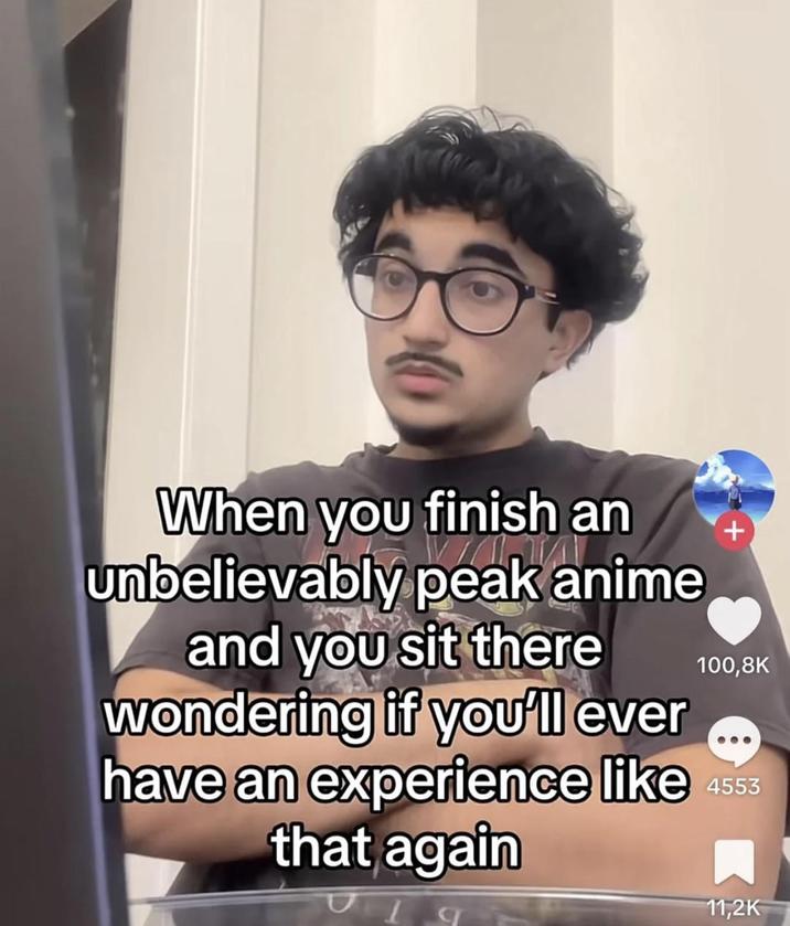 When you finish an unbelievably peak anime and you sit there wondering if you'll ever have an experience like that again + 100,8K 4553 11,2K