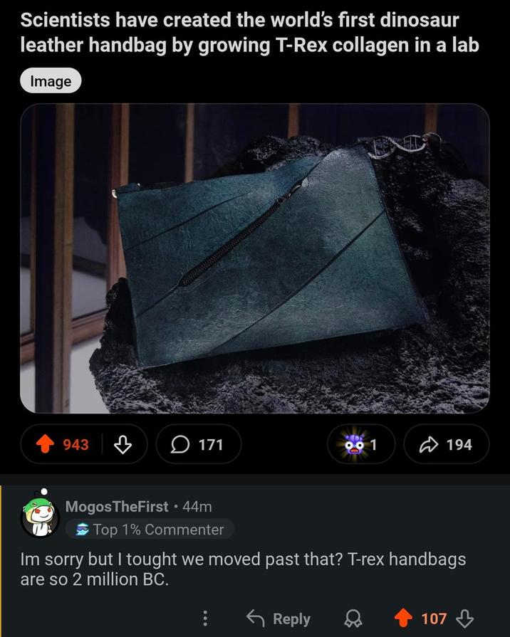 Scientists have created the world's first dinosaur leather handbag by growing T-Rex collagen in a lab Image 943 ♡ 171 0 1 194 Mogos TheFirst ⚫ 44m Top 1% Commenter Im sorry but I tought we moved past that? T-rex handbags are so 2 million BC. Reply 107
