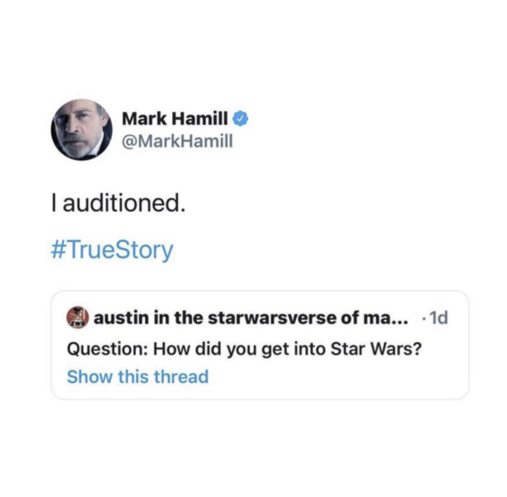 Mark Hamill @MarkHamill I auditioned. #TrueStory austin in the starwarsverse of ma... .1d Question: How did you get into Star Wars? Show this thread