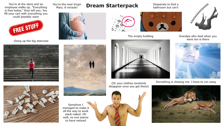 You're at the store and an employee walks up. "Everything is free today," they tell you. You fill your cart with everything you could possibly want FREE STUFF Going up the big staircase You're the next Virgin Mary. A miracle! Dream Starterpack TEST Somehow I managed to make it all the way to work stark naked. Oh well, no one seems to have noticed 9-0-- Desperate to find a bathroom but can't D B The empty building Vecteezy Ve AAAAAAAAAAAAAAA Grandpa who died when you were ten is there (Or your clothes randomly disappear once you get there) Something is chasing me- I have to run away