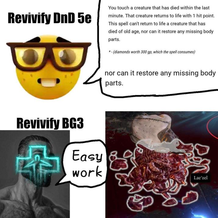 Revivify DnD 5e Revivify BG3 Easy work You touch a creature that has died within the last minute. That creature returns to life with 1 hit point. This spell can't return to life a creature that has died of old age, nor can it restore any missing body parts. *-(diamonds worth 300 gp, which the spell consumes) nor can it restore any missing body parts. Lae'zel