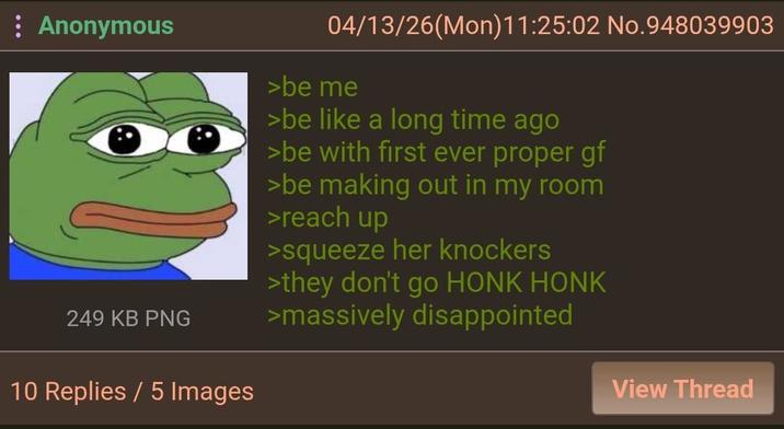 Anonymous 249 KB PNG 10 Replies / 5 Images 04/13/26(Mon) 11:25:02 No.948039903 >be me >be like a long time ago >be with first ever proper gf >be making out in my room >reach up >squeeze her knockers >they don't go HONK HONK >massively disappointed View Thread