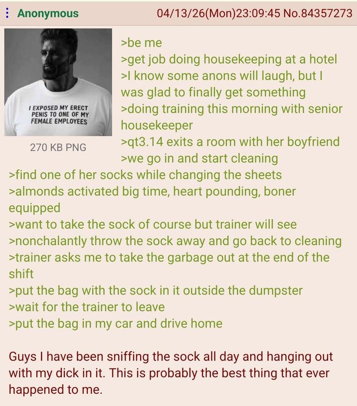 : Anonymous I EXPOSED MY ERECT PENIS TO ONE OF MY FEMALE EMPLOYEES 270 KB PNG 04/13/26(Mon)23:09:45 No.84357273 >be me >get job doing housekeeping at a hotel >I know some anons will laugh, but I was glad to finally get something >doing training this morning with senior housekeeper >qt3.14 exits a room with her boyfriend >we go in and start cleaning >find one of her socks while changing the sheets >almonds activated big time, heart pounding, boner equipped >want to take the sock of course but trainer will see >nonchalantly throw the sock away and go back to cleaning >trainer asks me to take the garbage out at the end of the shift >put the bag with the sock in it outside the dumpster >wait for the trainer to leave >put the bag in my car and drive home Guys I have been sniffing the sock all day and hanging out with my d--- in it. This is probably the best thing that ever happened to me.