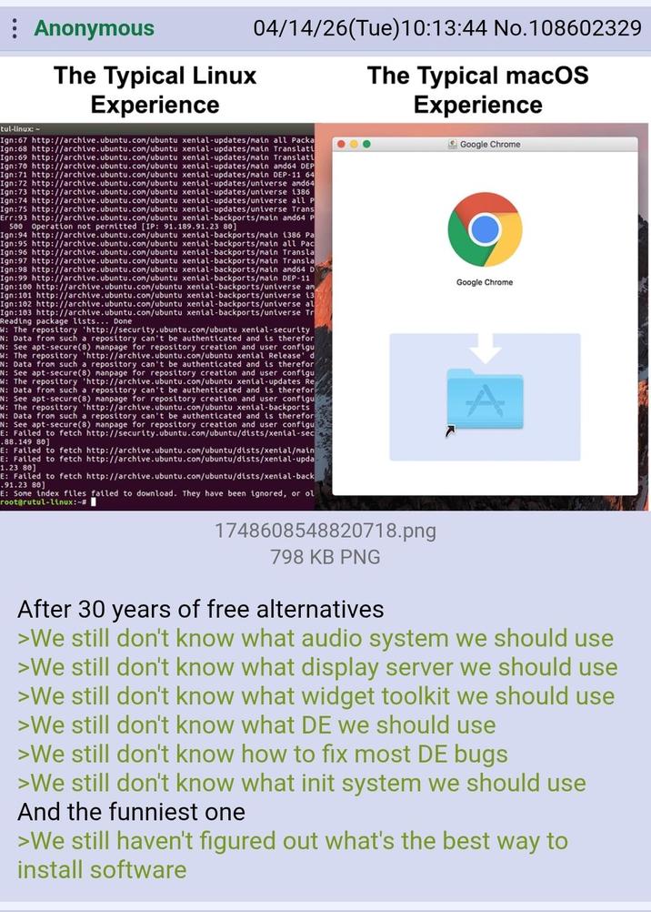 Anonymous tul-linux: ~ Ign:67 Ign:68 Ign:69 Ign:70 Ign:71 The Typical Linux Experience 04/14/26(Tue)10:13:44 No.108602329 http://archive.ubuntu.com/ubuntu xenial-updates/main all Packa http://archive.ubuntu.com/ubuntu xenial-updates/main Translati http://archive.ubuntu.com/ubuntu xenial-updates/main Translati http://archive.ubuntu.com/ubuntu xenial-updates/main amd64 DEP http://archive.ubuntu.com/ubuntu xenial-updates/main DEP-11 64 http://archive.ubuntu.com/ubuntu xenial-updates/universe amd64 http://archive.ubuntu.com/ubuntu xenial-updates/universe 1386 http://archive.ubuntu.com/ubuntu xenial-updates/universe all P Ign:75 http://archive.ubuntu.com/ubuntu xenial-updates/universe Trans Err:93 http://archive.ubuntu.com/ubuntu xental-backports/main amd64 P 500 Operation not permitted [IP: 91.189.91.23 80] Ign:72 Ign:73 Ign:74 Ign:94 http://archive.ubuntu.com/ubuntu xenial-backports/main i386 Pa Ign:95 http://archive.ubuntu.com/ubuntu xenial-backports/main all Pac Ign:96 http://archive.ubuntu.com/ubuntu xenial-backports/nain Transla Ign:97 http://archive.ubuntu.com/ubuntu xenial-backports/main Transla Ign:98 http://archive.ubuntu.com/ubuntu xenial-backports/main amd64 D Ign:99 http://archive.ubuntu.com/ubuntu xenial-backports/main DEP-11 Ign:100 http://archive.ubuntu.com/ubuntu xenial-backports/universe an Ign:101 http://archive.ubuntu.com/ubuntu xenial-backports/universe 13 Ign:102 http://archive.ubuntu.com/ubuntu xenial-backports/universe al Ign:103 http://archive.ubuntu.com/ubuntu xenial-backports/universe Tr Reading package lists... Done W: The repository 'http://security.ubuntu.com/ubuntu xenial-security N: Data from such a repository can't be authenticated and is therefor N: See apt-secure (8) manpage for repository creation and user configu W: The repository 'http://archive.ubuntu.com/ubuntu xenial Release d N: Data from such a repository can't be authenticated and is therefor N: See apt-secure (8) manpage for repository creation and user configu W: The repository 'http://archive.ubuntu.com/ubuntu xenial-updates Re N: Data from such a repository can't be authenticated and is therefor N: See apt-secure (8) manpage for repository creation and user configu W: The repository 'http://archive.ubuntu.com/ubuntu xenial-backports N: Data from such a repository can't be authenticated and is therefor N: See apt-secure (8) manpage for repository creation and user configu E: Failed to fetch http://security.ubuntu.com/ubuntu/dists/xenial-sec .88.149 80] E: Failed to fetch http://archive.ubuntu.com/ubuntu/dists/xenial/main E: Failed to fetch http://archive.ubuntu.com/ubuntu/dists/xenial-upda 1.23 80] E: Failed to fetch http://archive.ubuntu.com/ubuntu/dists/xenial-back .91.23 80] E: Some index files failed to download. They have been ignored, or ol root@rutul-linux:-# The Typical macOS Experience 1748608548820718.png 798 KB PNG After 30 years of free alternatives Google Chrome Google Chrome A >We still don't know what audio system we should use >We still don't know what display server we should use >We still don't know what widget toolkit we should use >We still don't know what DE we should use >We still don't know how to fix most DE bugs >We still don't know what init system we should use And the funniest one >We still haven't figured out what's the best way to install software