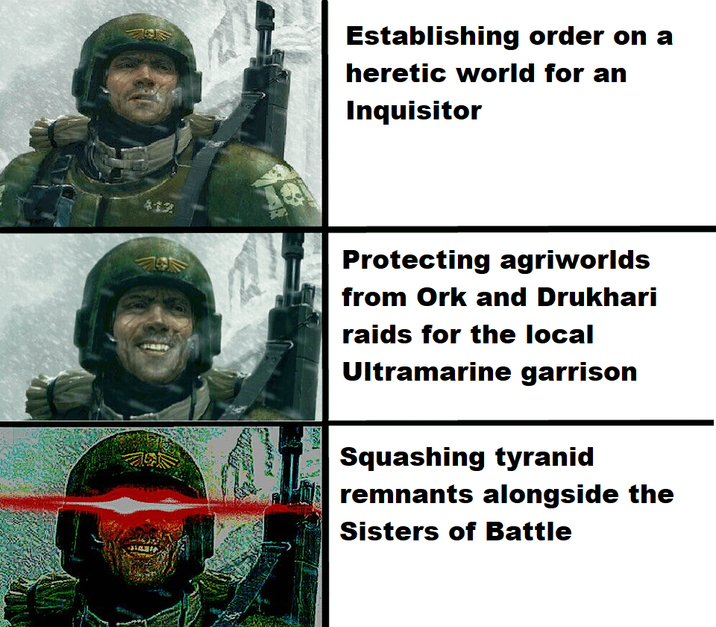 $12 Establishing order on a heretic world for an Inquisitor Protecting agriworlds from Ork and Drukhari raids for the local Ultramarine garrison Squashing tyranid remnants alongside the Sisters of Battle
