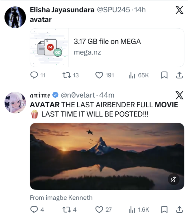 Elisha Jayasundara @SPU245.14h X avatar 3.17 GB file on MEGA mega.nz 11 113 191 Ill 65K anime @n0velart.44m AVATAR THE LAST AIRBENDER FULL MOVIE LAST TIME IT WILL BE POSTED!!! X From imagbe Kenneth Q4 274 27 1.6K