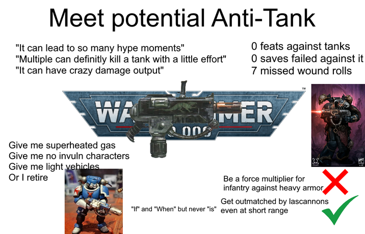 Meet potential Anti-Tank "It can lead to so many hype moments" "Multiple can definitly kill a tank with a little effort" "It can have crazy damage output" WA Give me superheated gas Give me no invuln characters Give me light vehicles Or I retire 0 feats against tanks 0 saves failed against it 7 missed wound rolls MEMER 2003 TM Be a force multiplier for infantry against heavy armor ✓ Get outmatched by lascannons "If" and "When" but never "is" even at short range