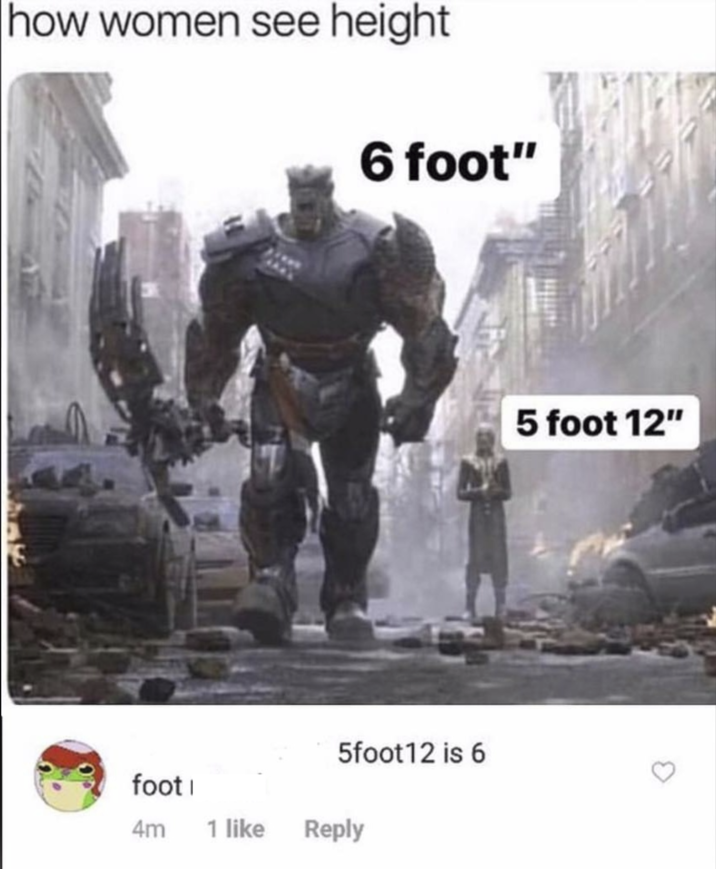 how women see height 6 foot" 5foot 12 is 6 foot i 4m 1 like Reply 5 foot 12"