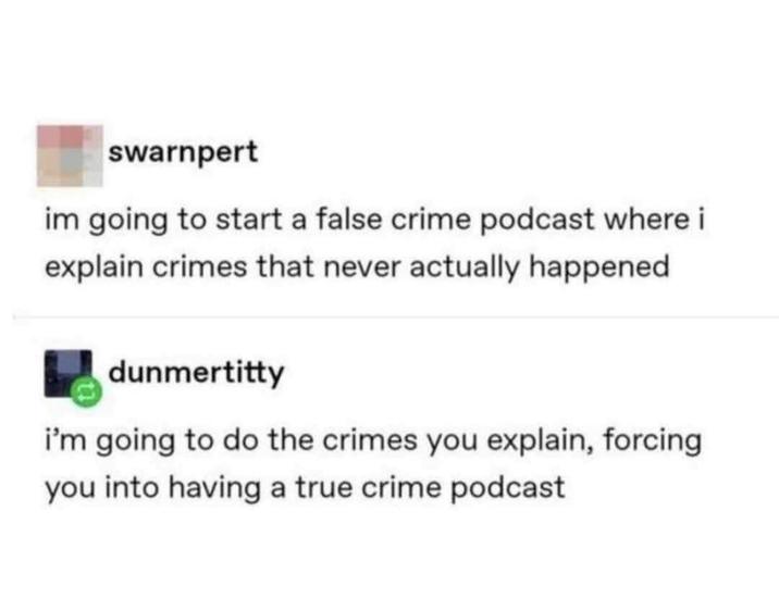 swarnpert im going to start a false crime podcast where i explain crimes that never actually happened dunmertitty i'm going to do the crimes you explain, forcing you into having a true crime podcast