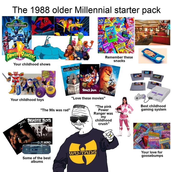 The 1988 older Millennial starter pack col-Aid Kool-A SAGAR BIG-BAD BEETLEBORGB MIGHTY MORPHIN DOWER RANGERS Your childhood shows Socker HOME ALONE 2 www Your childhood toys 2PAC "The 90s was rad" BEASTIE BOYS RHEAD Some of the best albums Kool-Aid col-Aid Aid Kool-Aid Kool-Aid Kool-Aid GHOU Remember these snacks SPACE JAM ON KING "Love these movies" "The pink Power Ranger was my childhood crush" Best childhood gaming system WU-TANG aps Goose Goose LSNE Goosebumps STOR Goosebump Goose STINE Goosebumps Goosebumos Your love for goosebumps