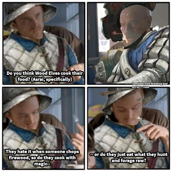 Do you think Wood Elves cook their food? (Asrai, specifically) Template from Breaking bad Art by L J Koh They hate it when someone chops firewood, so do they cook with magic-- Cor do they just eat what they hunt and forage raw?