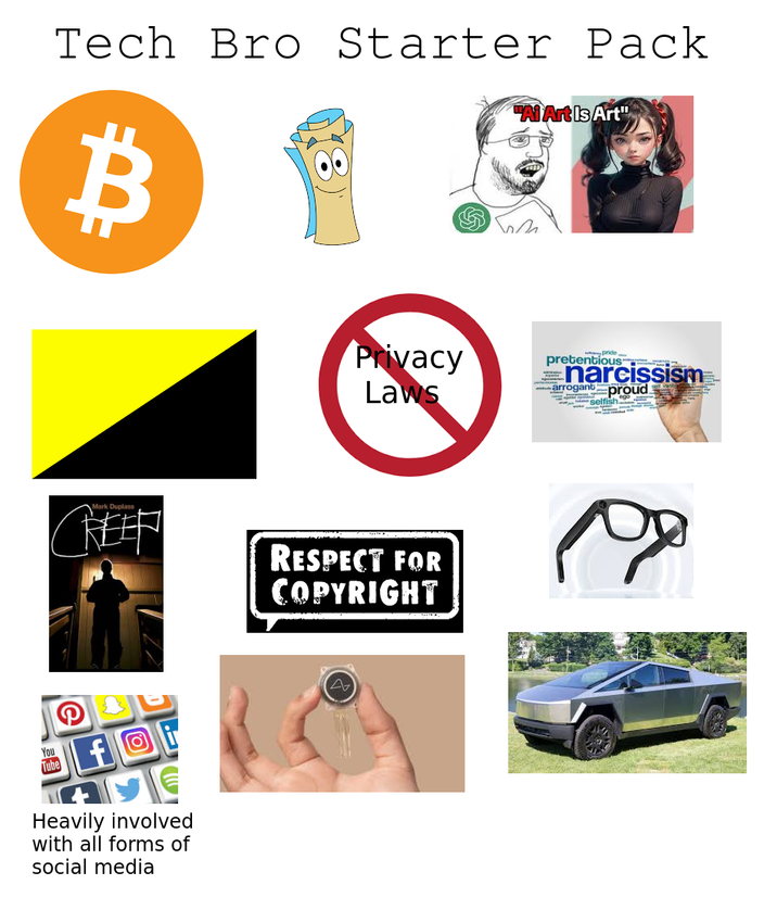 Tech Bro Starter Pack B "Ai Art Is Art" Mark Duplass CREEF You Tube foi f Heavily involved with all forms of social media Privacy Laws pride pretentious narcissism arrogant proud selfish RESPECT FOR COPYRIGHT A
