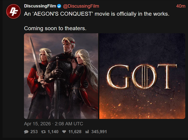 DiscussingFilm @DiscussingFilm 4 An 'AEGON'S CONQUEST' movie is officially in the works. Coming soon to theaters. 40m 000 GOT Apr 15, 2026 - 2:08 AM UTC © 253 1,140 ♥11,628 μl 345,991