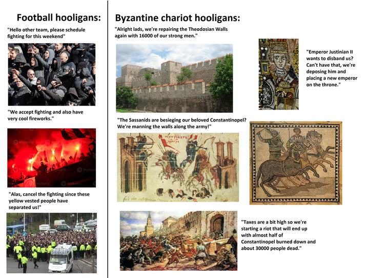 Football hooligans: "Hello other team, please schedule fighting for this weekend" Byzantine chariot hooligans: "Alright lads, we're repairing the Theodosian Walls again with 16000 of our strong men." 01 PATRICK "We accept fighting and also have very cool fireworks." 19 Vecteezy Vecteezy 19 Vectees "The Sassanids are besieging our beloved Constantinopel? We're manning the walls along the army!" перенравять Цригра cteezy 19 Vecte cteezy 19ecteezy Vecteezy 19 Vecteez Vecteezy V Vecteezy "Alas, cancel the fighting since these yellow vested people have separated us!" Southampton Central POLICE 33004 fub into contine vemb "Emperor Justinian II wants to disband us? Can't have that, we're deposing him and placing a new emperor on the throne." "Taxes are a bit high so we're starting a riot that will end up with almost half of Constantinopel burned down and about 30000 people dead."