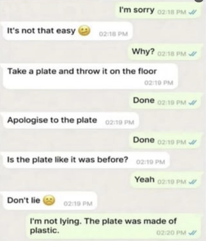 I'm sorry 02:18 PM W It's not that easy 02:18 PM Why? 02:18 PM Take a plate and throw it on the floor Apologise to the plate 02:19 PM 02:19 PM Done 02:19 PM Done 02:19 PM Is the plate like it was before? 02:19 PM Don't lie 02:19 PM Yeah 02:19 PM I'm not lying. The plate was made of plastic. 02:20 PM