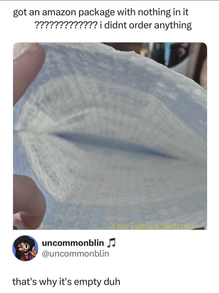 got an amazon package with nothing in it. ????????????? i didnt order anything YouTube Caldruki uncommonblin ♫ @uncommonblin that's why it's empty duh