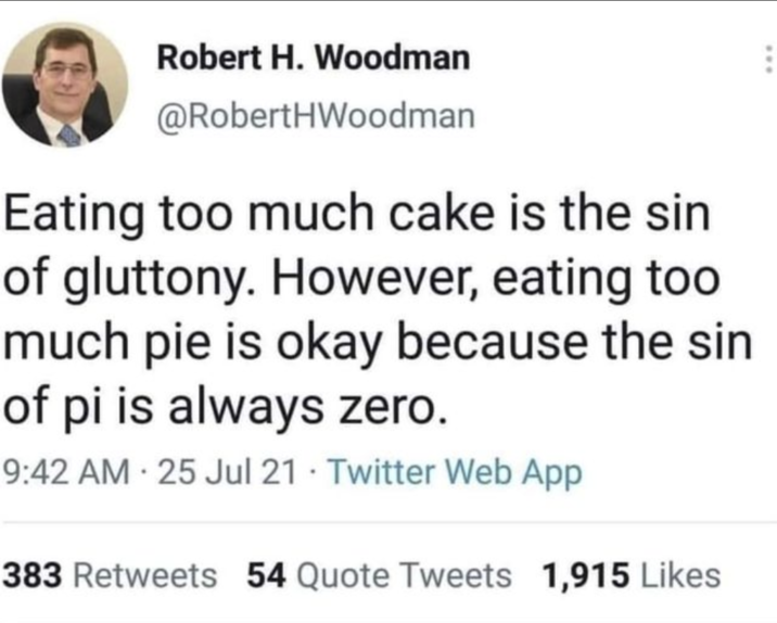 Robert H. Woodman @RobertHWoodman Eating too much cake is the sin of gluttony. However, eating too much pie is okay because the sin of pi is always zero. 9:42 AM 25 Jul 21 Twitter Web App 383 Retweets 54 Quote Tweets 1,915 Likes