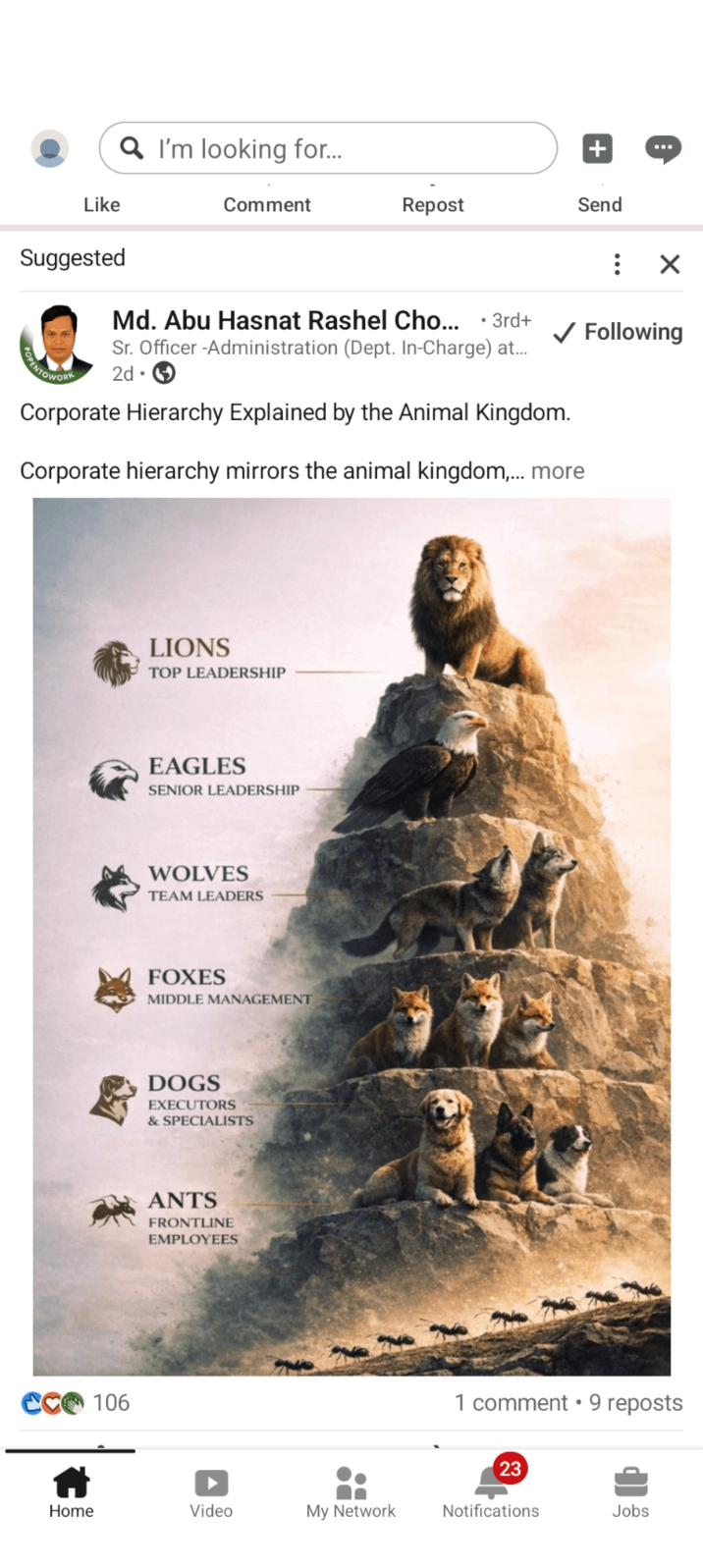 Like Suggested Q I'm looking for... Comment + Repost Send Md. Abu Hasnat Rashel Cho... . 3rd+ Sr. Officer -Administration (Dept. In-Charge) at... 2d ✓ Following Corporate Hierarchy Explained by the Animal Kingdom. Corporate hierarchy mirrors the animal kingdom.... more CC 106 LIONS TOP LEADERSHIP EAGLES SENIOR LEADERSHIP WOLVES TEAM LEADERS FOXES MIDDLE MANAGEMENT DOGS EXECUTORS & SPECIALISTS ANTS FRONTLINE EMPLOYEES 1 comment 9 reposts 23 Home Video My Network Notifications Jobs