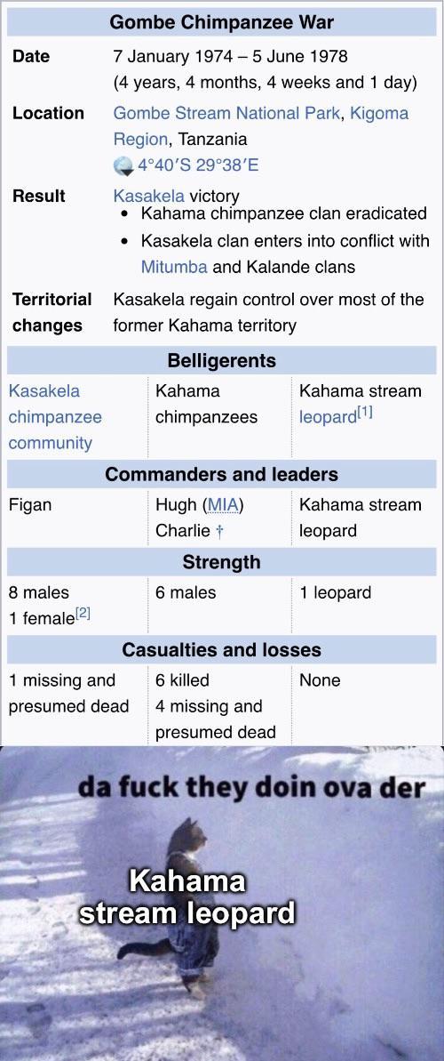 Date Location Result Territorial changes Gombe Chimpanzee War 7 January 1974 - 5 June 1978 (4 years, 4 months, 4 weeks and 1 day). Gombe Stream National Park, Kigoma Region, Tanzania 4°40'S 29°38'E Kasakela victory • Kahama chimpanzee clan eradicated • Kasakela clan enters into conflict with Mitumba and Kalande clans Kasakela regain control over most of the former Kahama territory Belligerents Kasakela Kahama Kahama stream chimpanzee chimpanzees leopard[1] community Figan Commanders and leaders Hugh (MIA) Kahama stream Charlie + leopard 8 males 1 female [2] Strength 6 males 1 leopard Casualties and losses 1 missing and 6 killed None presumed dead 4 missing and presumed dead da f--- they doin ova der Kahama stream leopard