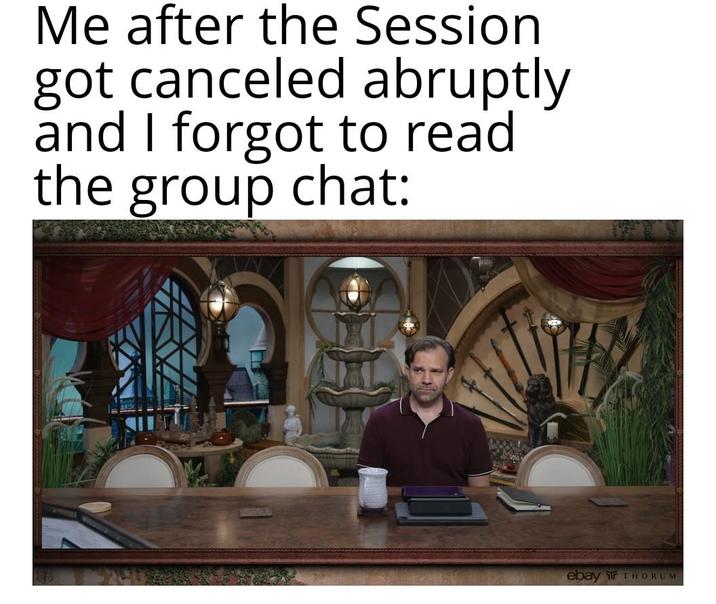 Me after the Session got canceled abruptly and I forgot to read the group chat: ebay THORUM