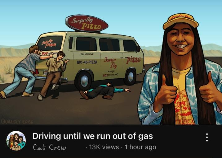 Patza HOT PIZ Surfer Boy Pizza TELEPHONE 805-45-PIZZA Surtur Pizza Boy HOTTOR QUALSLY 2016 Driving until we run out of gas Cali Crew .13K views 1 hour ago 201