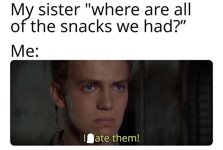 My sister "where are all of the snacks we had?" Me: Date them!