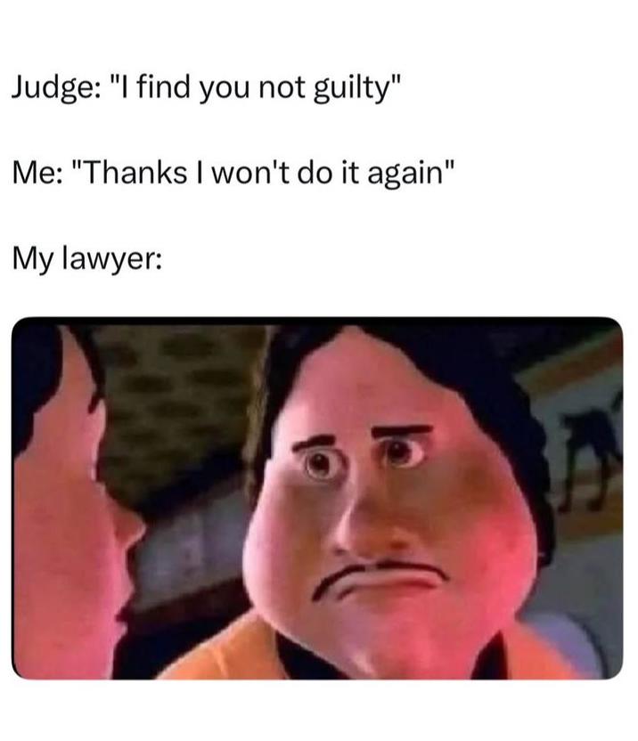 Judge: "I find you not guilty" Me: "Thanks I won't do it again" My lawyer: