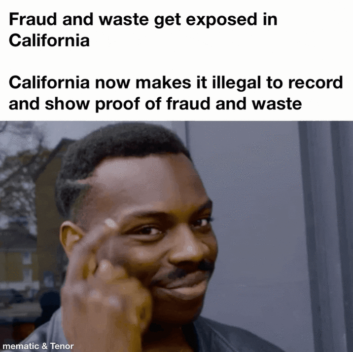 Fraud and waste get exposed in California California now makes it illegal to record and show proof of fraud and waste mematic & Tenor