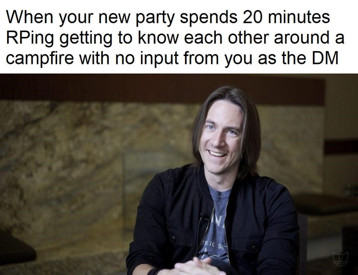 When your new party spends 20 minutes RPing getting to know each other around a campfire with no input from you as the DM BIC SE