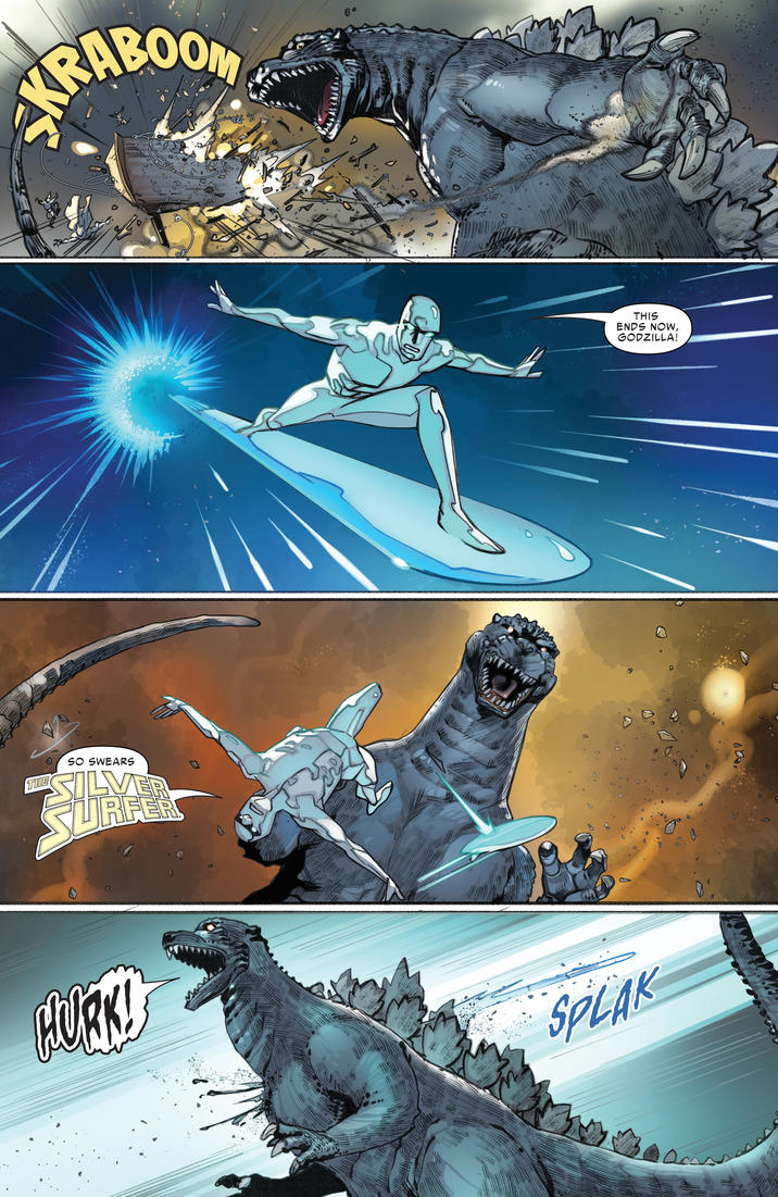 RABOOM SO SWEARS THE ILVER URGER D HURK! SPLAK THIS ENDS NOW, GODZILLA! D